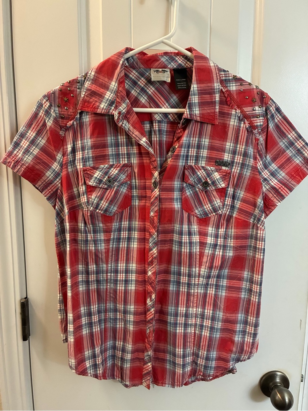 Harley-Davidson Red Plaid Short Sleeve Studded Button-Down Shirt